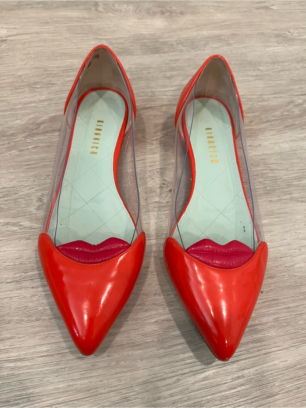 GIANNICO Red Lip PVC Clear Pointed Toe Flat Shoes Size 37 + Dust Bag